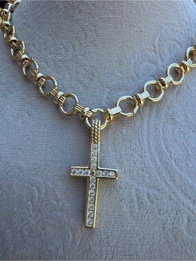 Gold Plated Gold-Tone Cubic Zirconia Cross on a Omega Link Necklace
